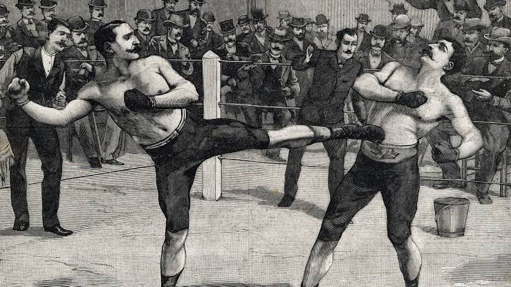 Gravure ancienne d'un assaut de savate boxe française devant le public